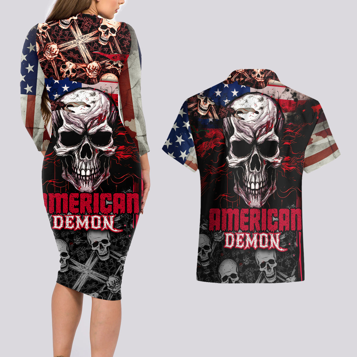 Skull Couples Matching Long Sleeve Bodycon Dress and Hawaiian Shirt American Demon - Wonder Print Shop