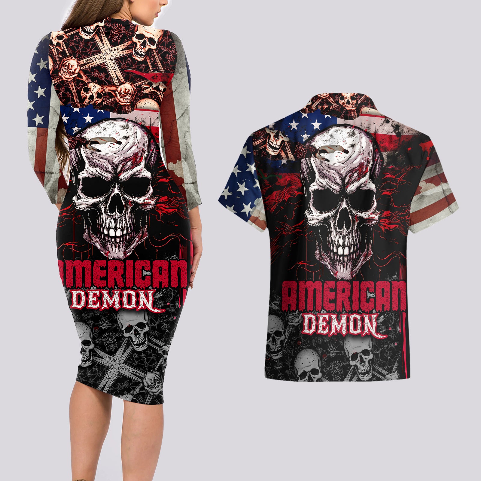 Skull Couples Matching Long Sleeve Bodycon Dress and Hawaiian Shirt American Demon - Wonder Print Shop