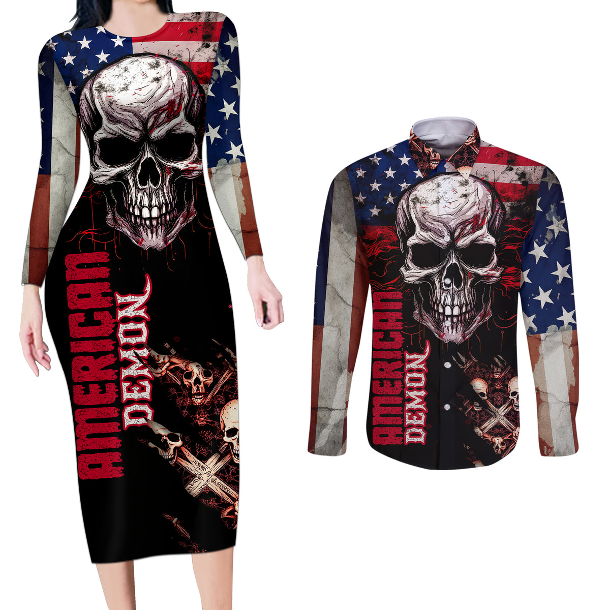 Skull Couples Matching Long Sleeve Bodycon Dress and Long Sleeve Button Shirts American Demon - Wonder Print Shop