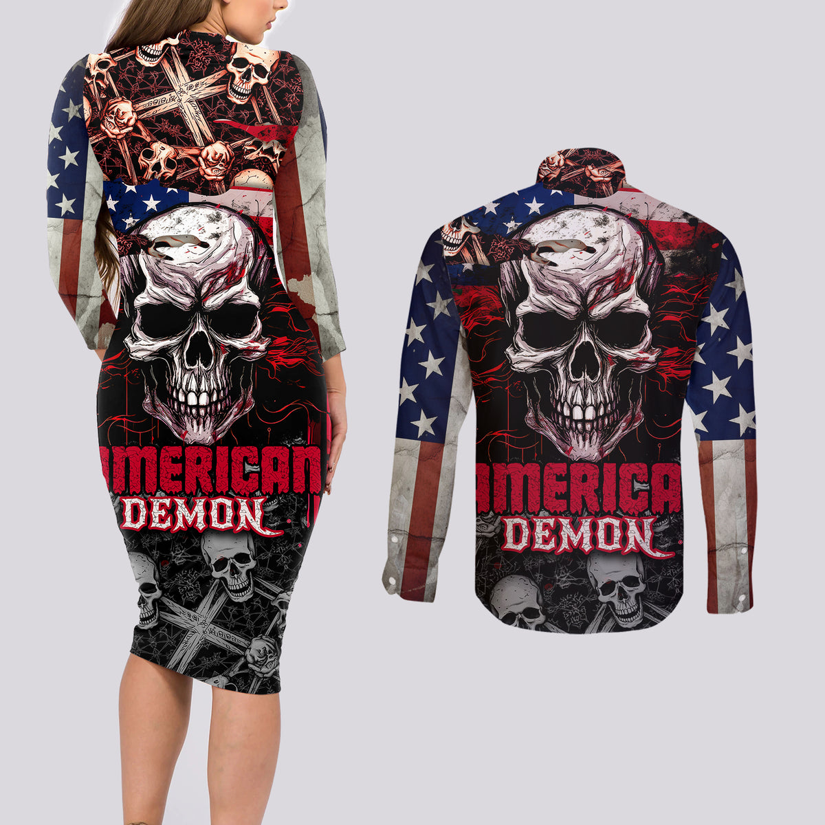 Skull Couples Matching Long Sleeve Bodycon Dress and Long Sleeve Button Shirts American Demon - Wonder Print Shop