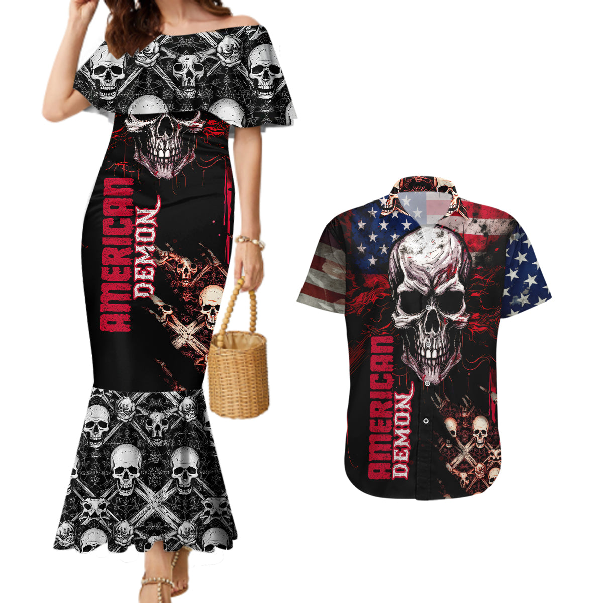 Skull Couples Matching Mermaid Dress and Hawaiian Shirt American Demon - Wonder Print Shop