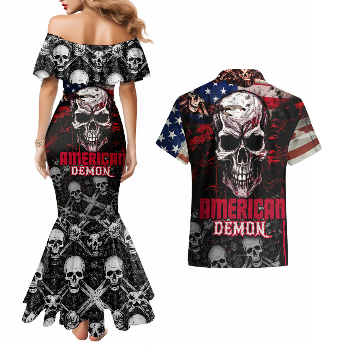 Skull Couples Matching Mermaid Dress and Hawaiian Shirt American Demon - Wonder Print Shop