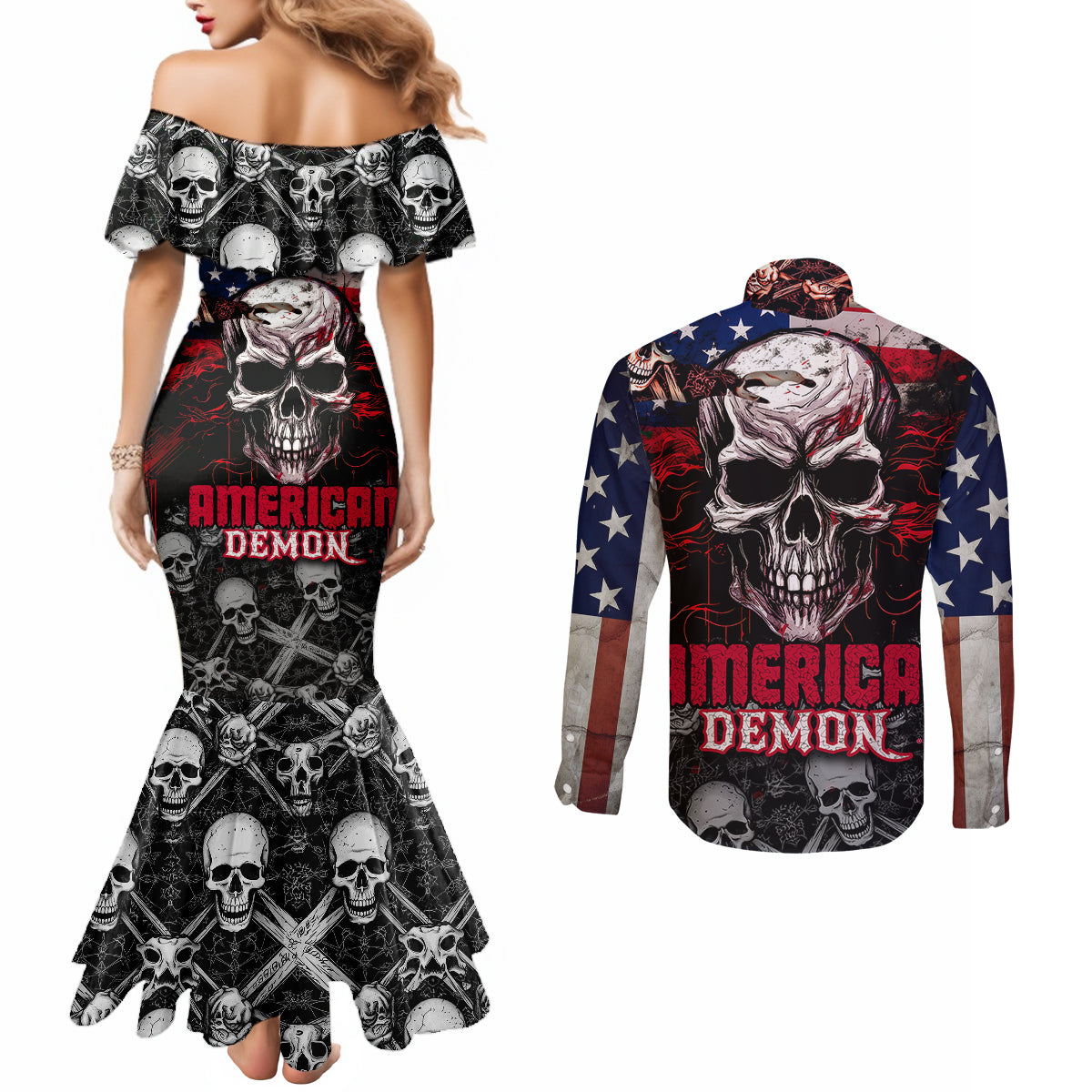 skull-couples-matching-mermaid-dress-and-long-sleeve-button-shirts-american-demon