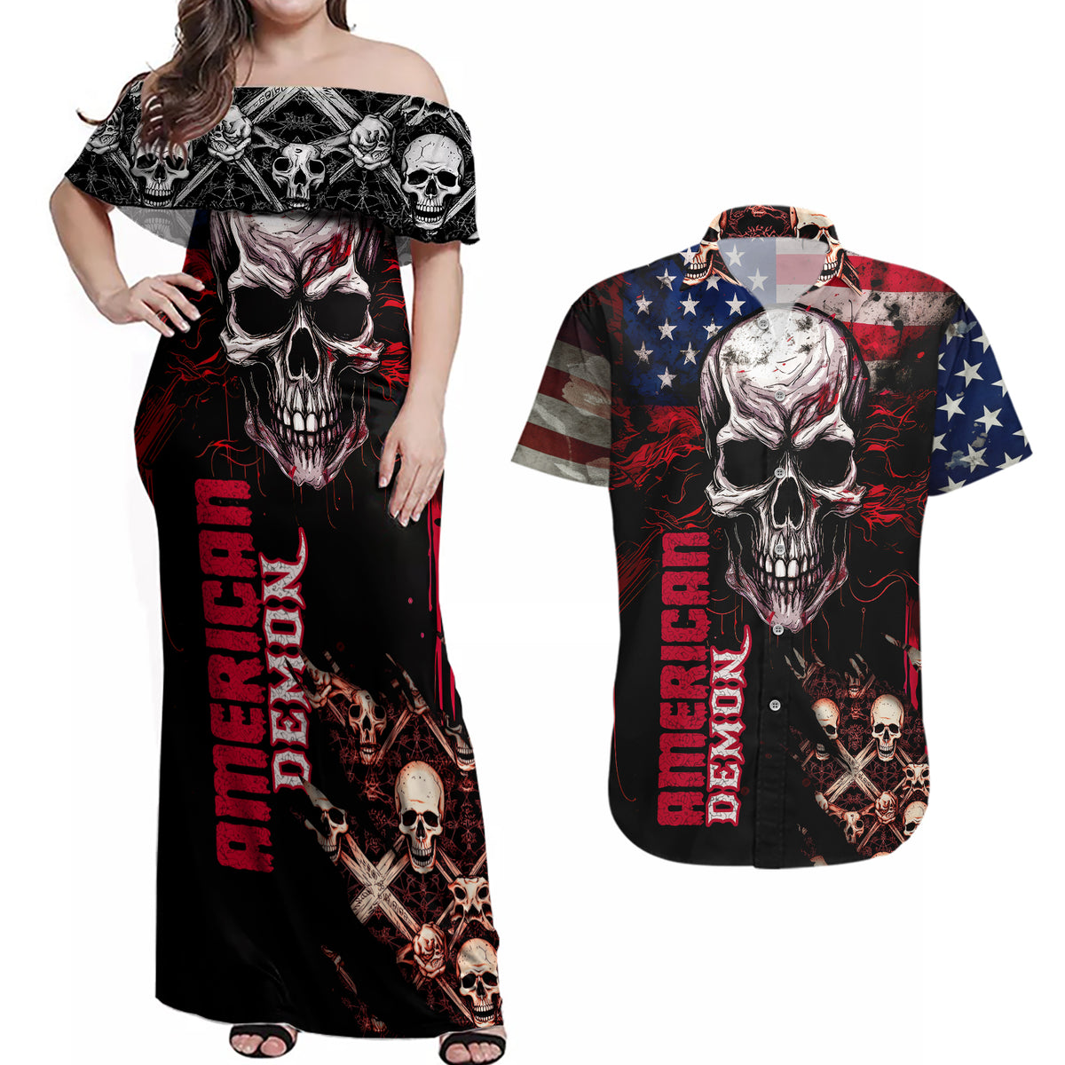 Skull Couples Matching Off Shoulder Maxi Dress and Hawaiian Shirt American Demon - Wonder Print Shop