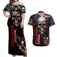 Skull Couples Matching Off Shoulder Maxi Dress and Hawaiian Shirt American Demon - Wonder Print Shop