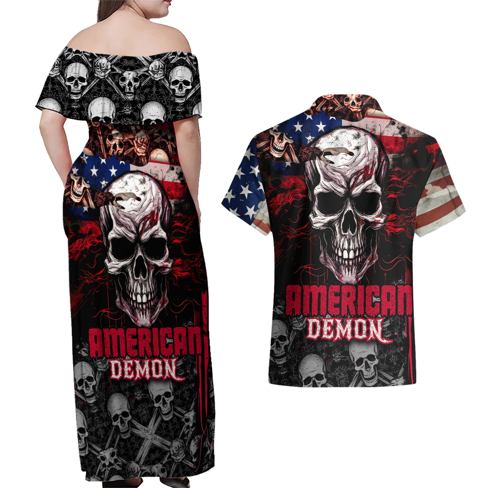 Skull Couples Matching Off Shoulder Maxi Dress and Hawaiian Shirt American Demon - Wonder Print Shop