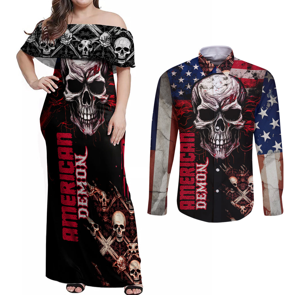 Skull Couples Matching Off Shoulder Maxi Dress and Long Sleeve Button Shirts American Demon - Wonder Print Shop