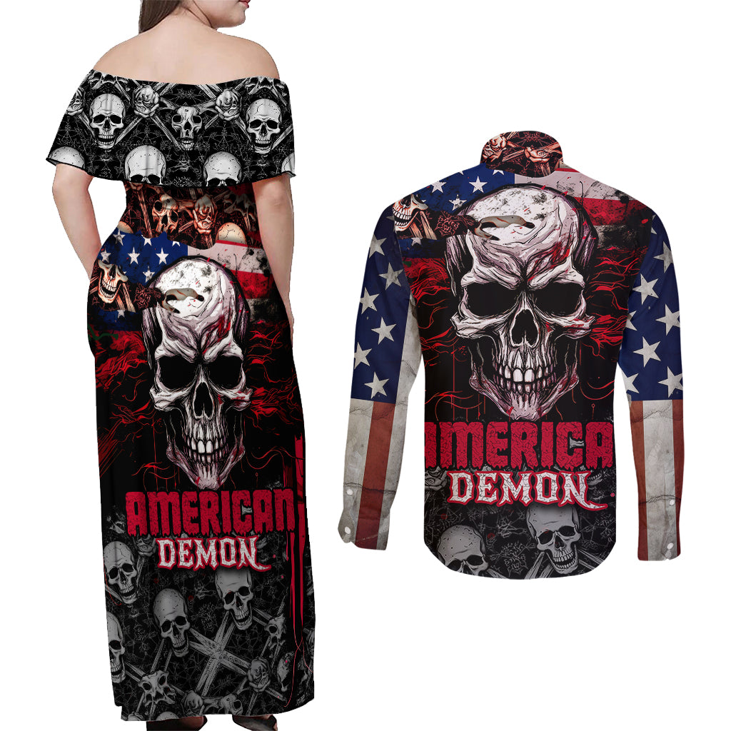 Skull Couples Matching Off Shoulder Maxi Dress and Long Sleeve Button Shirts American Demon - Wonder Print Shop