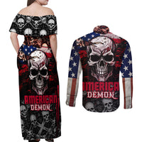Skull Couples Matching Off Shoulder Maxi Dress and Long Sleeve Button Shirts American Demon - Wonder Print Shop
