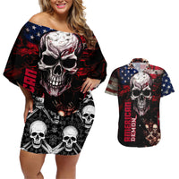 Skull Couples Matching Off Shoulder Short Dress and Hawaiian Shirt American Demon - Wonder Print Shop
