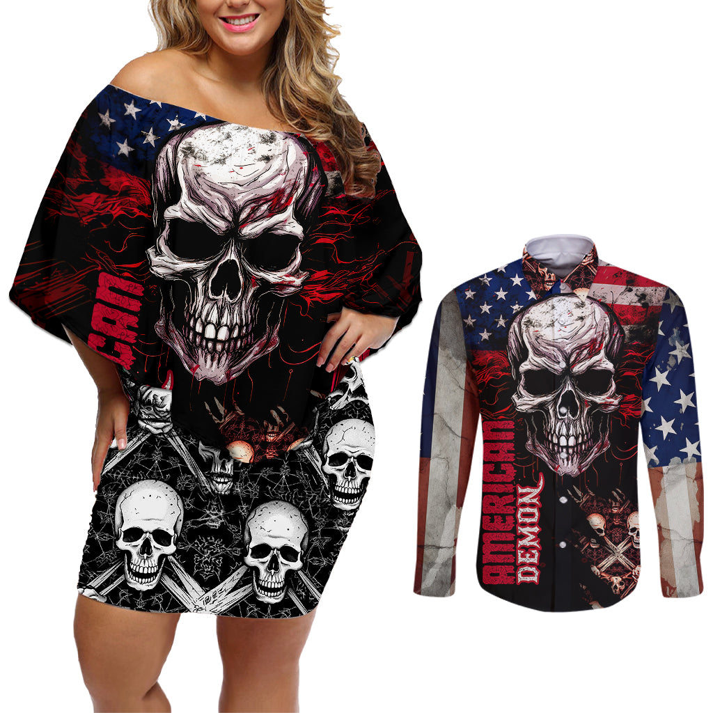 Skull Couples Matching Off Shoulder Short Dress and Long Sleeve Button Shirts American Demon - Wonder Print Shop