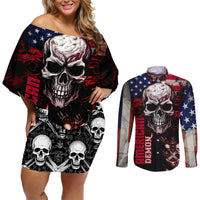 Skull Couples Matching Off Shoulder Short Dress and Long Sleeve Button Shirts American Demon - Wonder Print Shop