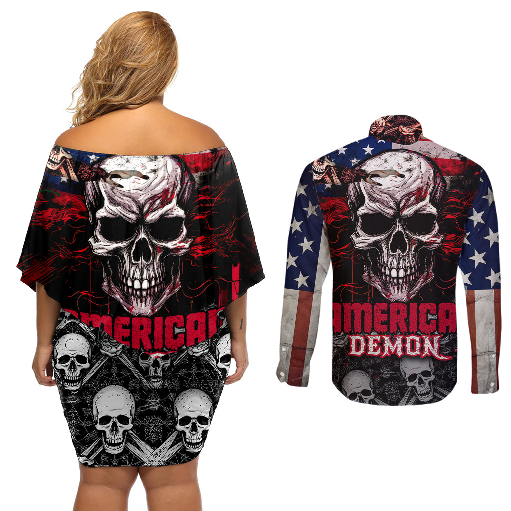 Skull Couples Matching Off Shoulder Short Dress and Long Sleeve Button Shirts American Demon - Wonder Print Shop