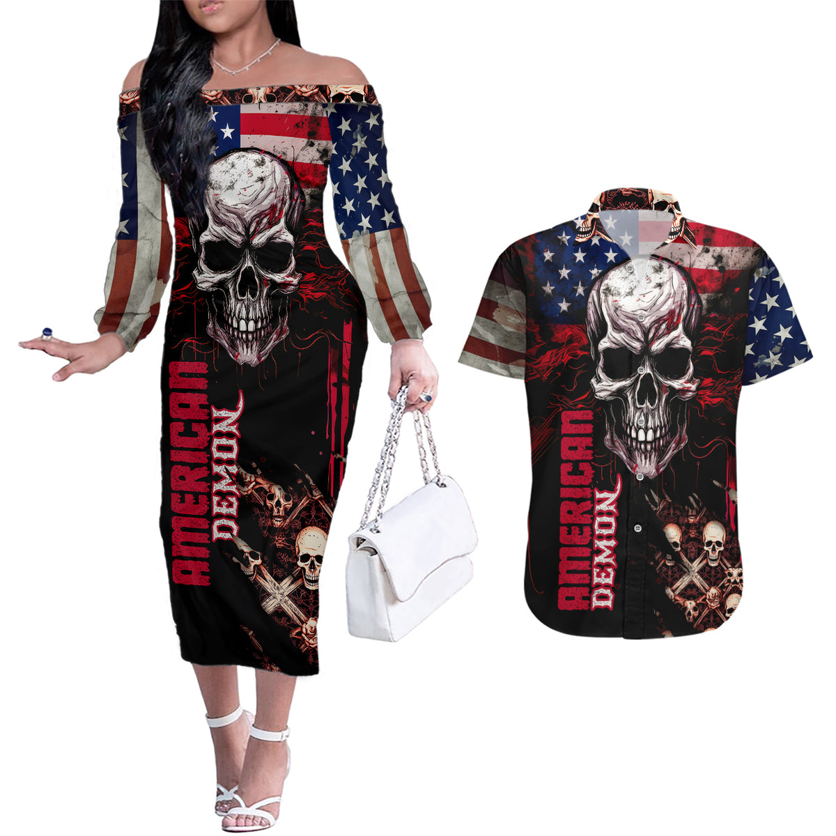 Skull Couples Matching Off The Shoulder Long Sleeve Dress and Hawaiian Shirt American Demon - Wonder Print Shop