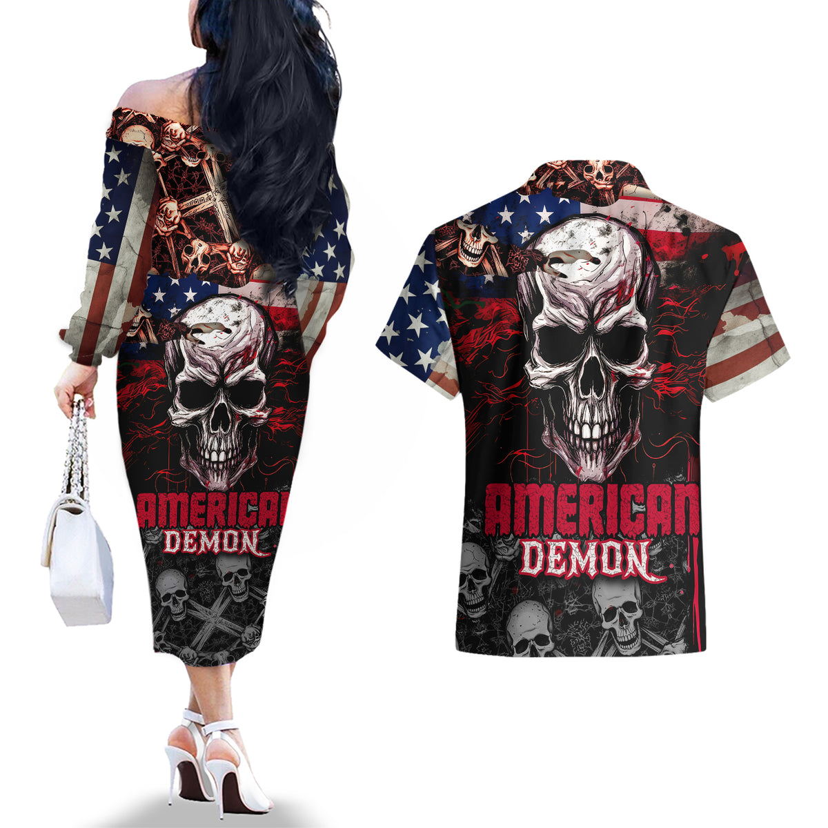 Skull Couples Matching Off The Shoulder Long Sleeve Dress and Hawaiian Shirt American Demon - Wonder Print Shop