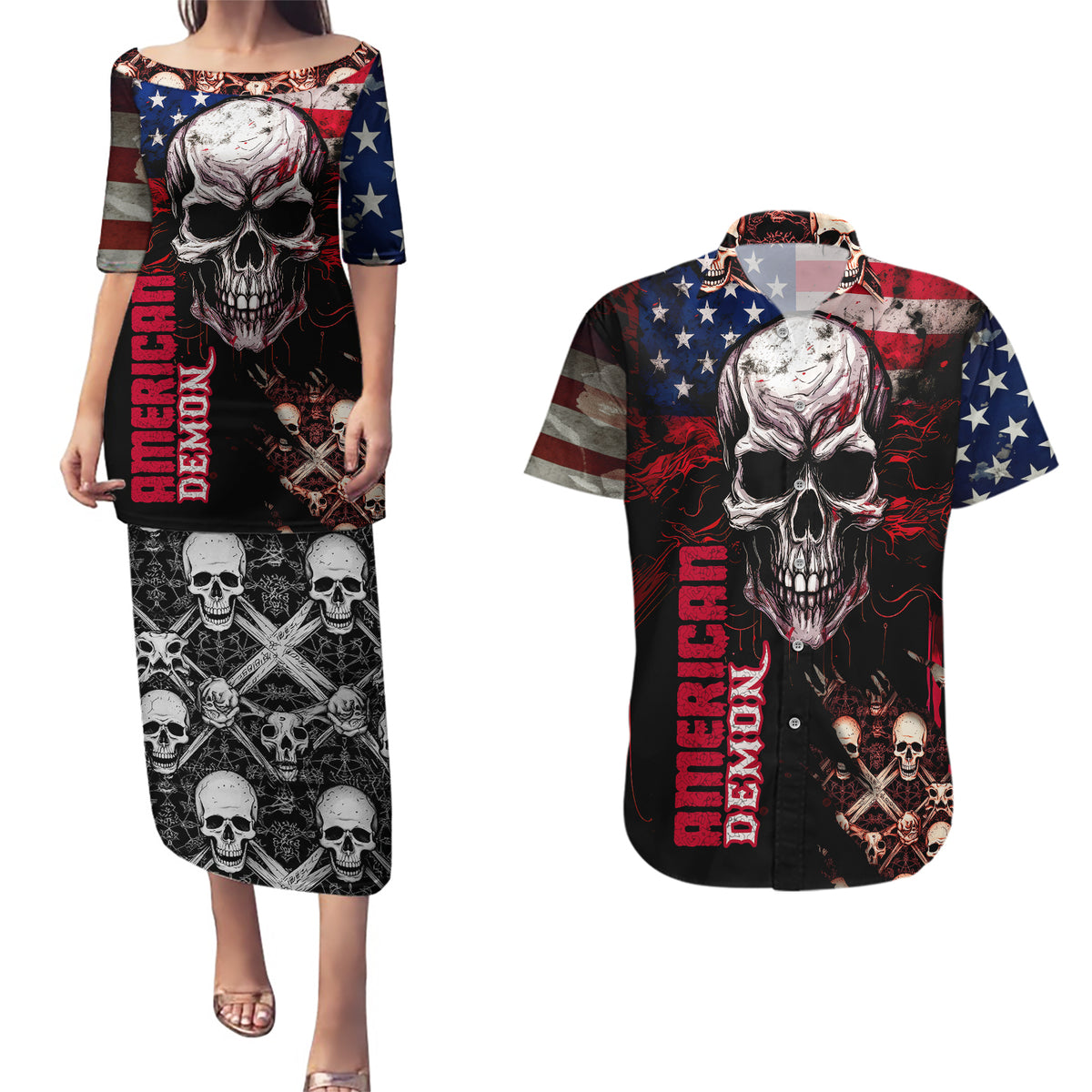 Skull Couples Matching Puletasi Dress and Hawaiian Shirt American Demon - Wonder Print Shop