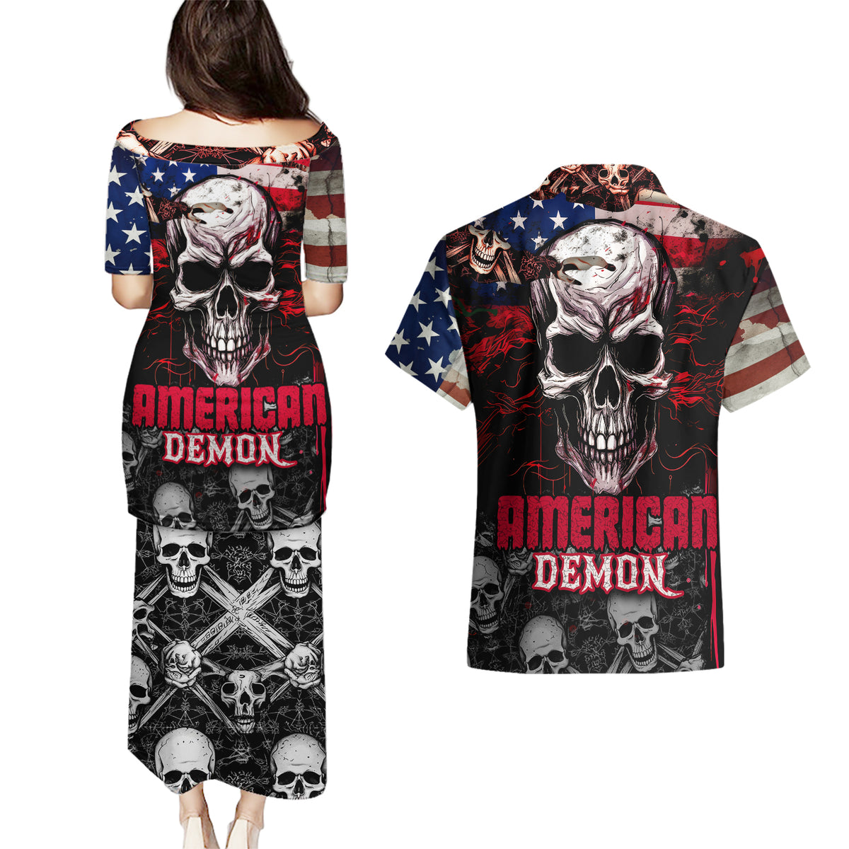 Skull Couples Matching Puletasi Dress and Hawaiian Shirt American Demon - Wonder Print Shop