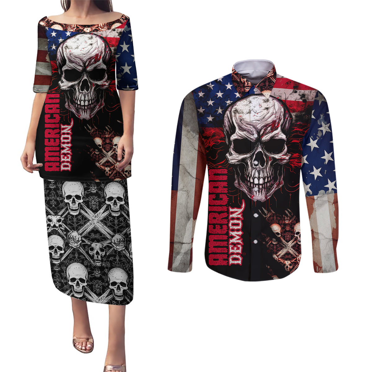 Skull Couples Matching Puletasi Dress and Long Sleeve Button Shirts American Demon - Wonder Print Shop