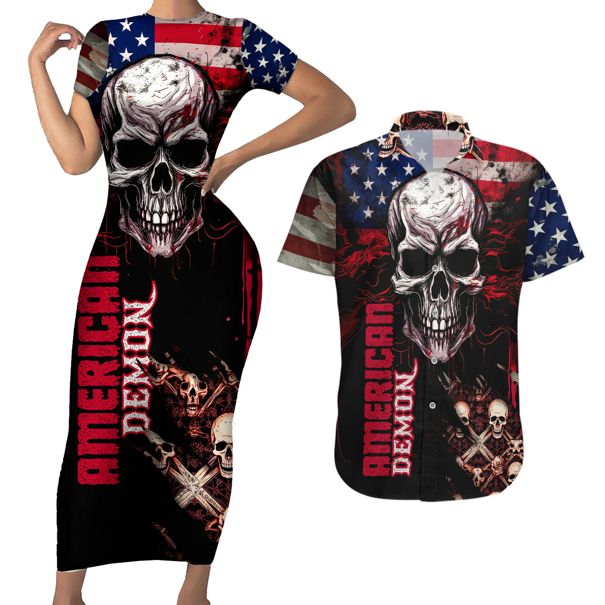 Skull Couples Matching Short Sleeve Bodycon Dress and Hawaiian Shirt American Demon - Wonder Print Shop