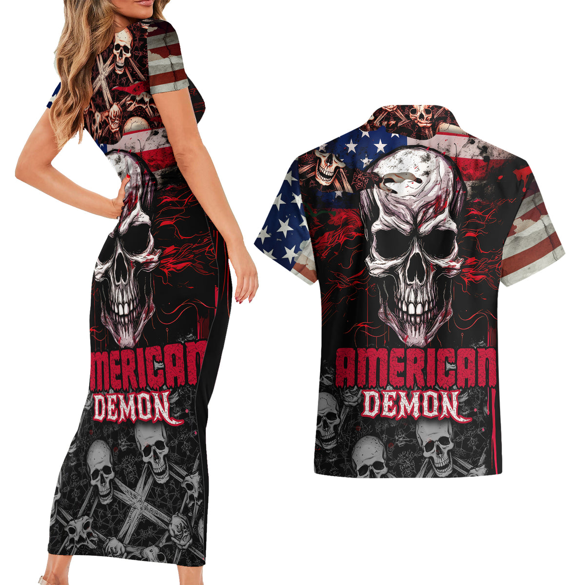 Skull Couples Matching Short Sleeve Bodycon Dress and Hawaiian Shirt American Demon - Wonder Print Shop