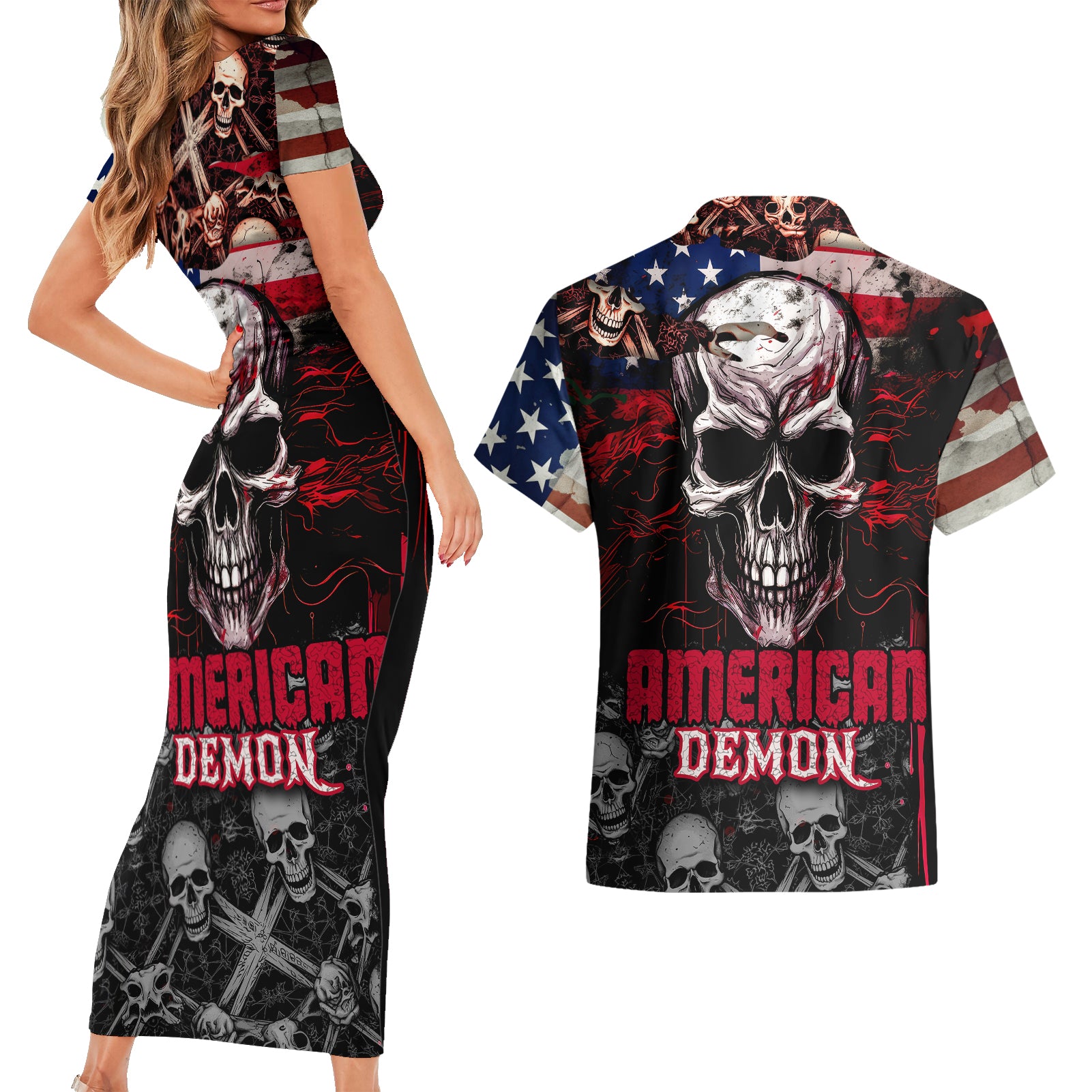 Skull Couples Matching Short Sleeve Bodycon Dress and Hawaiian Shirt American Demon - Wonder Print Shop