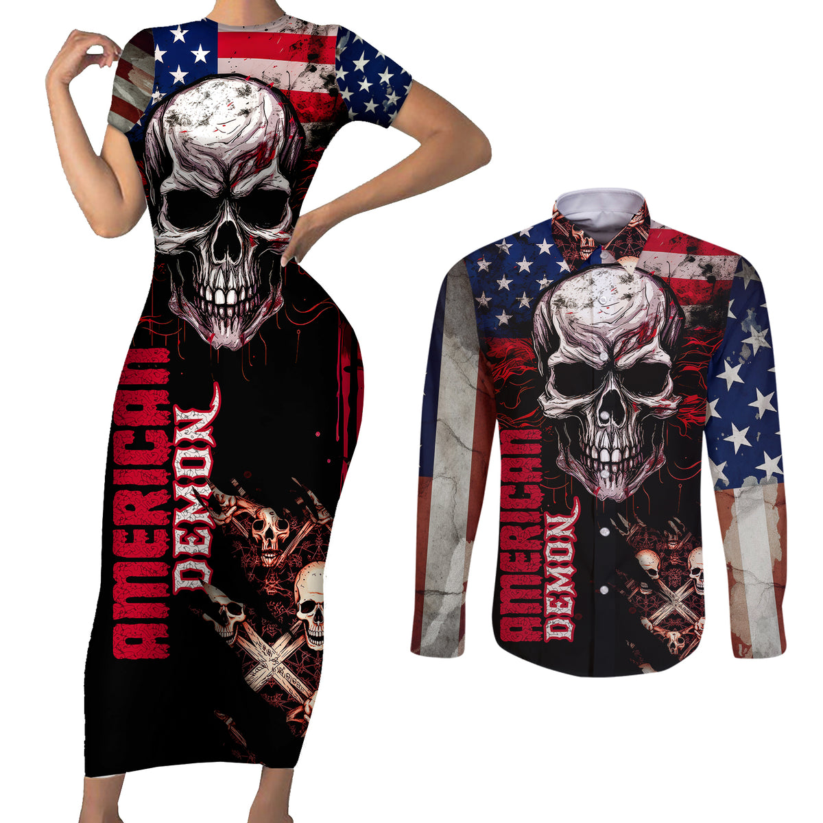 Skull Couples Matching Short Sleeve Bodycon Dress and Long Sleeve Button Shirts American Demon - Wonder Print Shop
