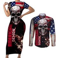 Skull Couples Matching Short Sleeve Bodycon Dress and Long Sleeve Button Shirts American Demon - Wonder Print Shop