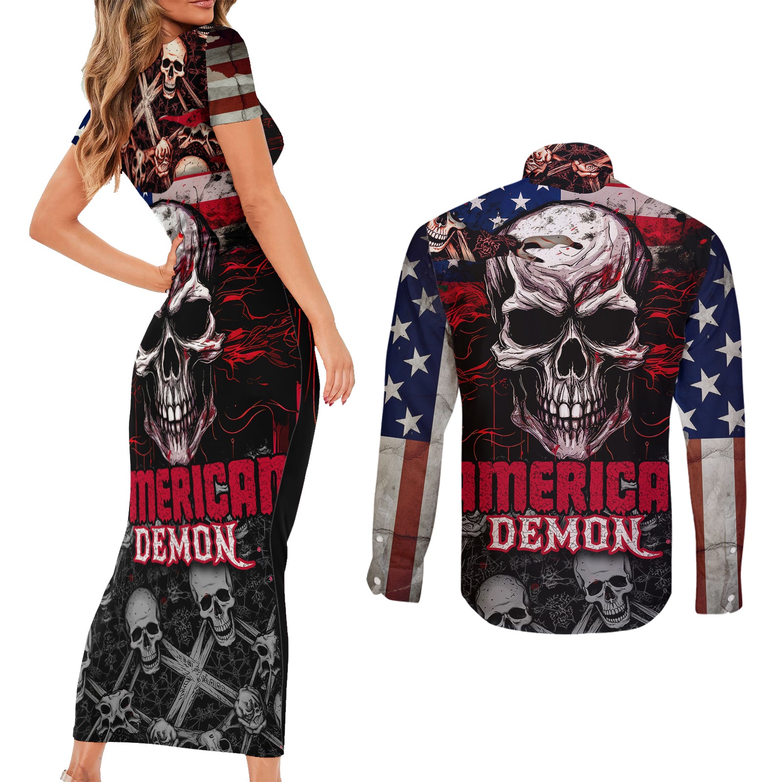Skull Couples Matching Short Sleeve Bodycon Dress and Long Sleeve Button Shirts American Demon - Wonder Print Shop