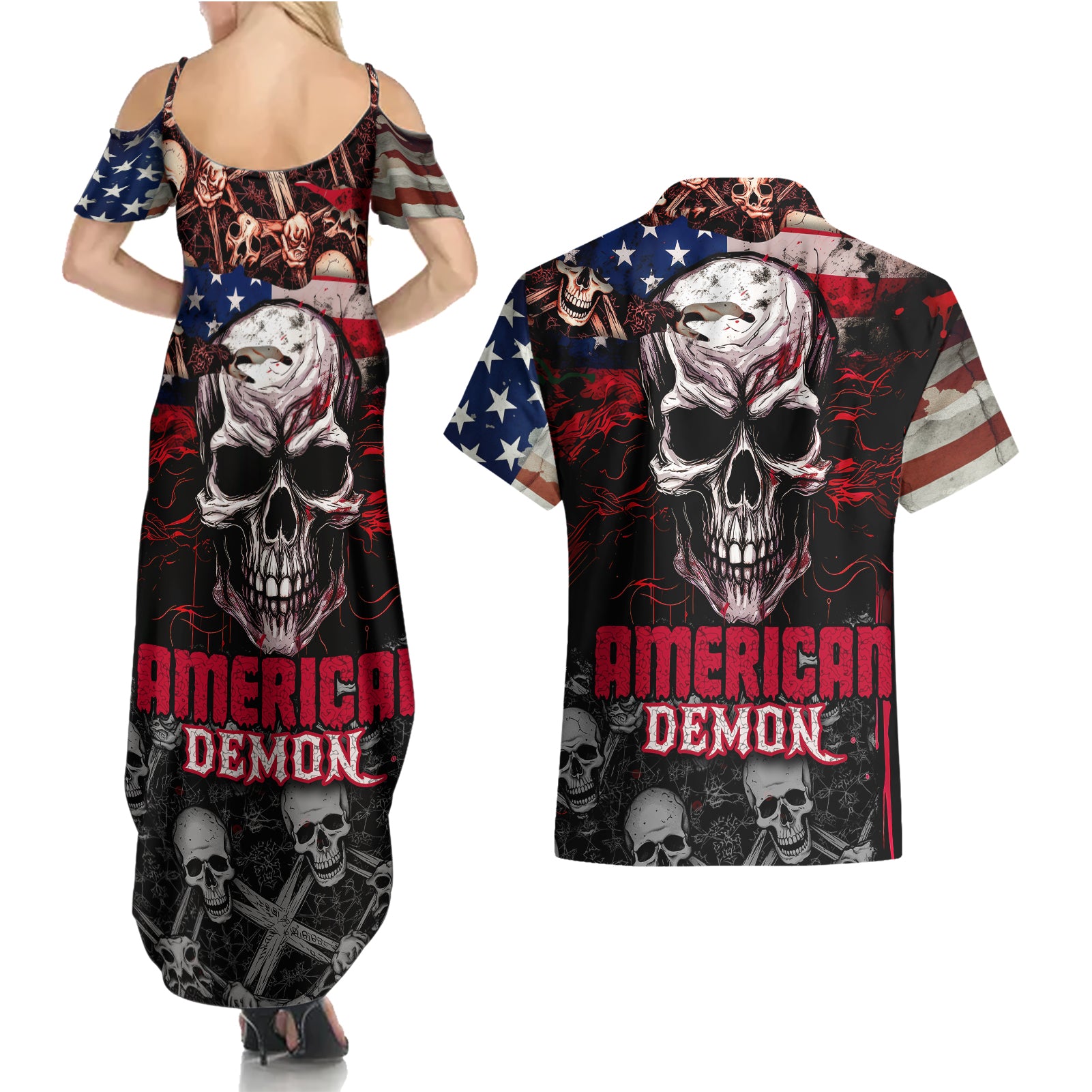 Skull Couples Matching Summer Maxi Dress and Hawaiian Shirt American Demon - Wonder Print Shop