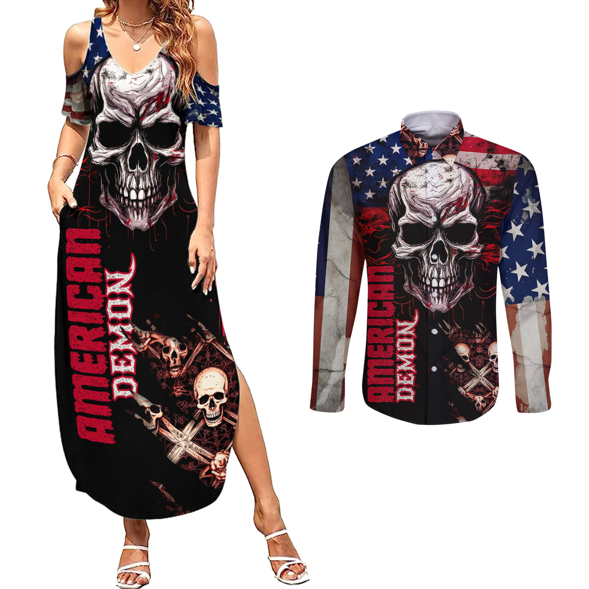 Skull Couples Matching Summer Maxi Dress and Long Sleeve Button Shirts American Demon - Wonder Print Shop