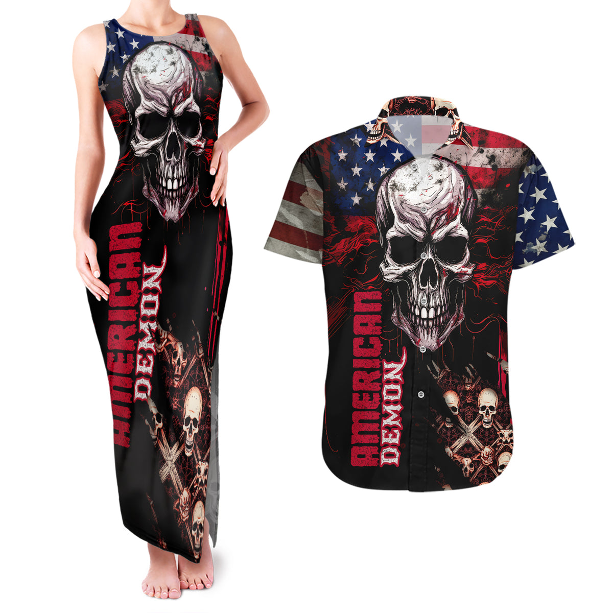 Skull Couples Matching Tank Maxi Dress and Hawaiian Shirt American Demon - Wonder Print Shop