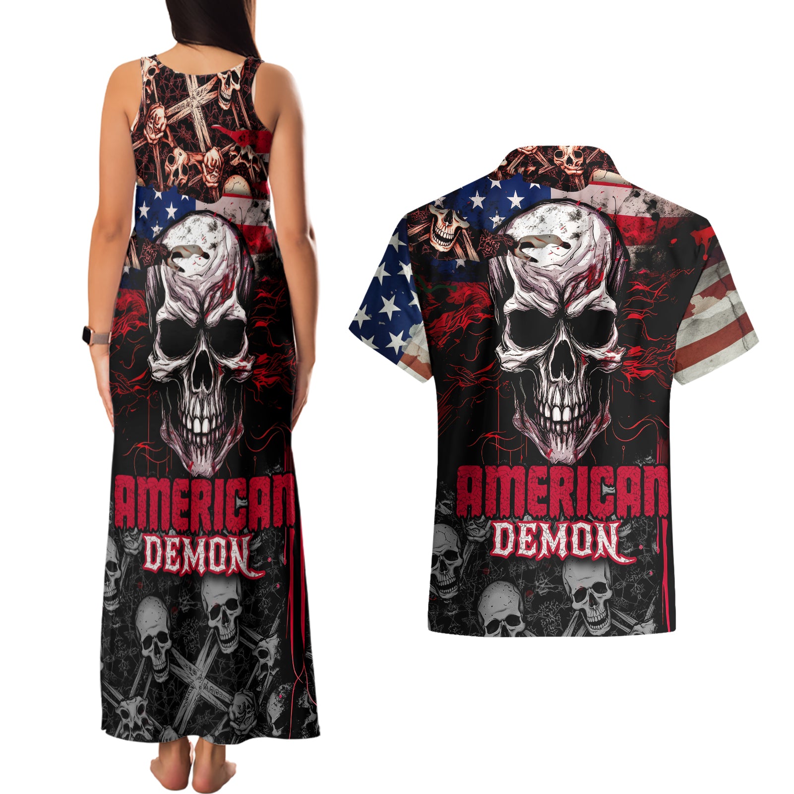 Skull Couples Matching Tank Maxi Dress and Hawaiian Shirt American Demon - Wonder Print Shop