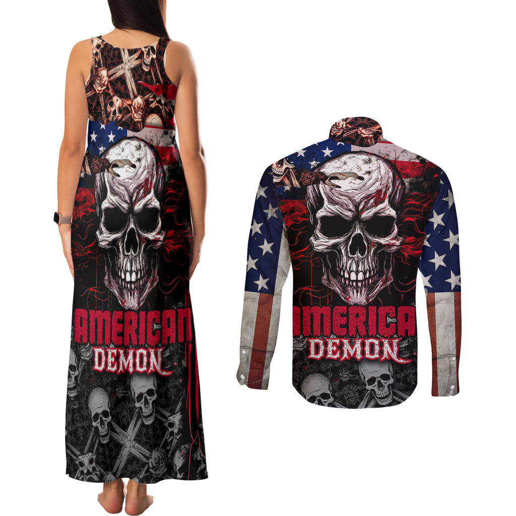 Skull Couples Matching Tank Maxi Dress and Long Sleeve Button Shirts American Demon - Wonder Print Shop
