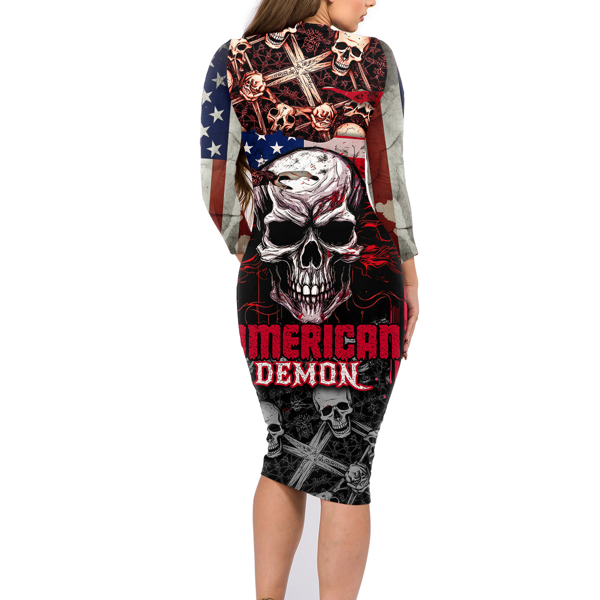 Skull Family Matching Long Sleeve Bodycon Dress and Hawaiian Shirt American Demon - Wonder Print Shop