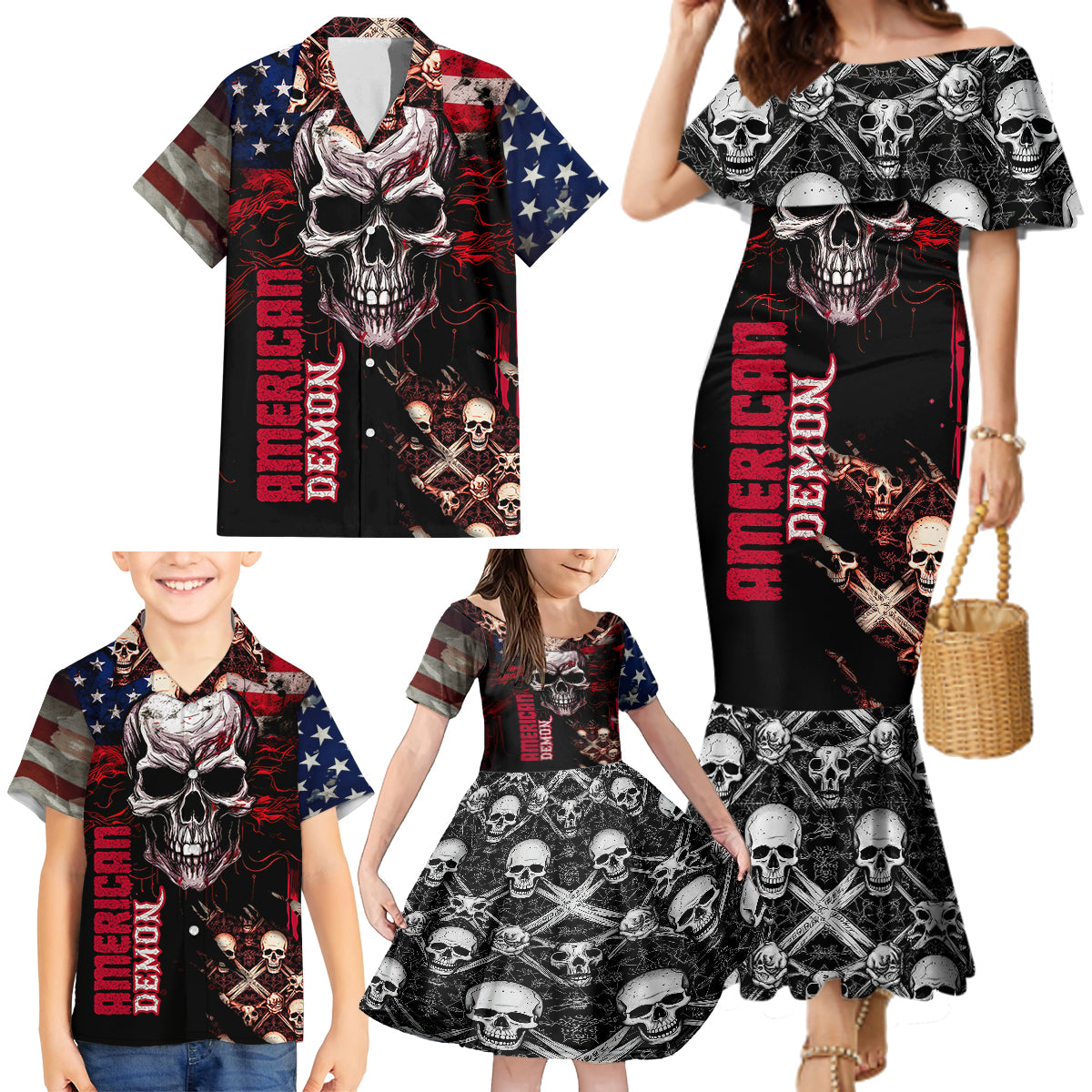 Skull Family Matching Mermaid Dress and Hawaiian Shirt American Demon - Wonder Print Shop