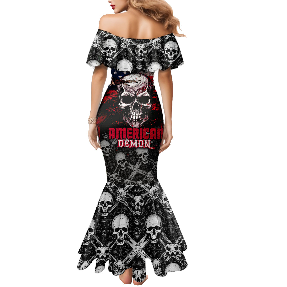 Skull Family Matching Mermaid Dress and Hawaiian Shirt American Demon - Wonder Print Shop
