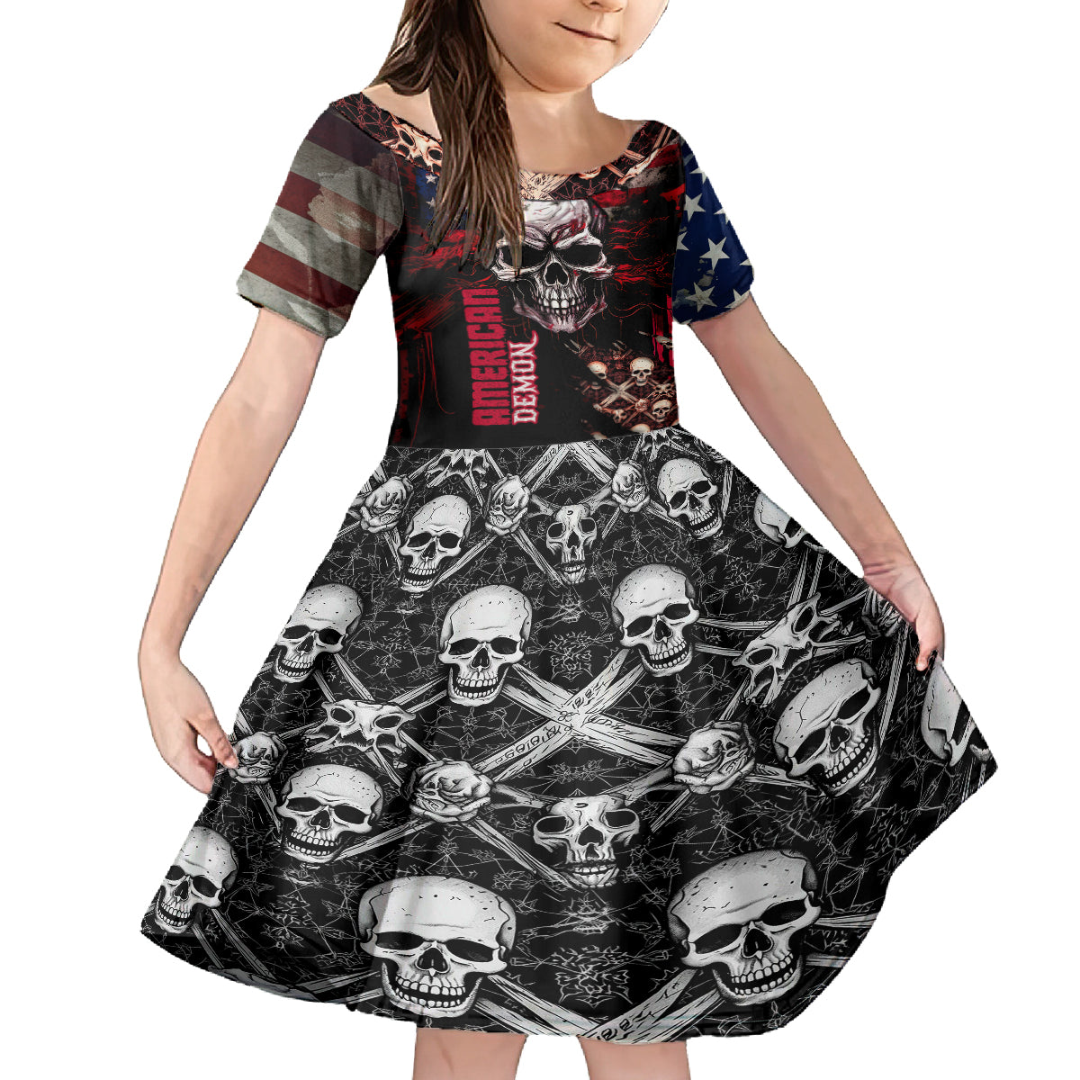 Skull Family Matching Off Shoulder Maxi Dress and Hawaiian Shirt American Demon - Wonder Print Shop