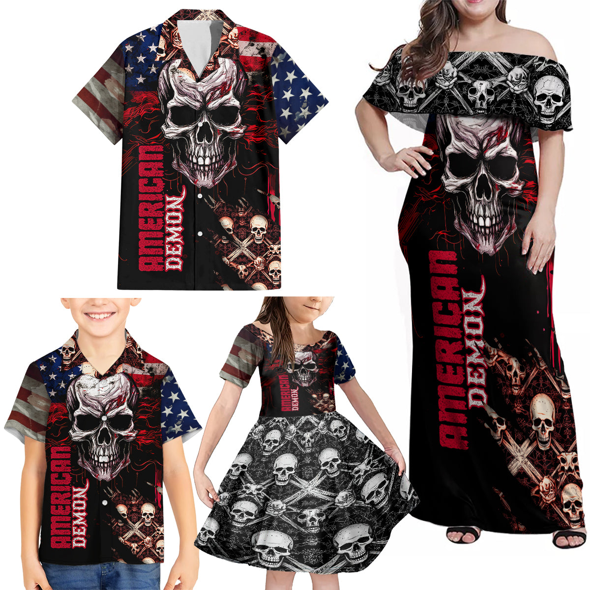 Skull Family Matching Off Shoulder Maxi Dress and Hawaiian Shirt American Demon - Wonder Print Shop