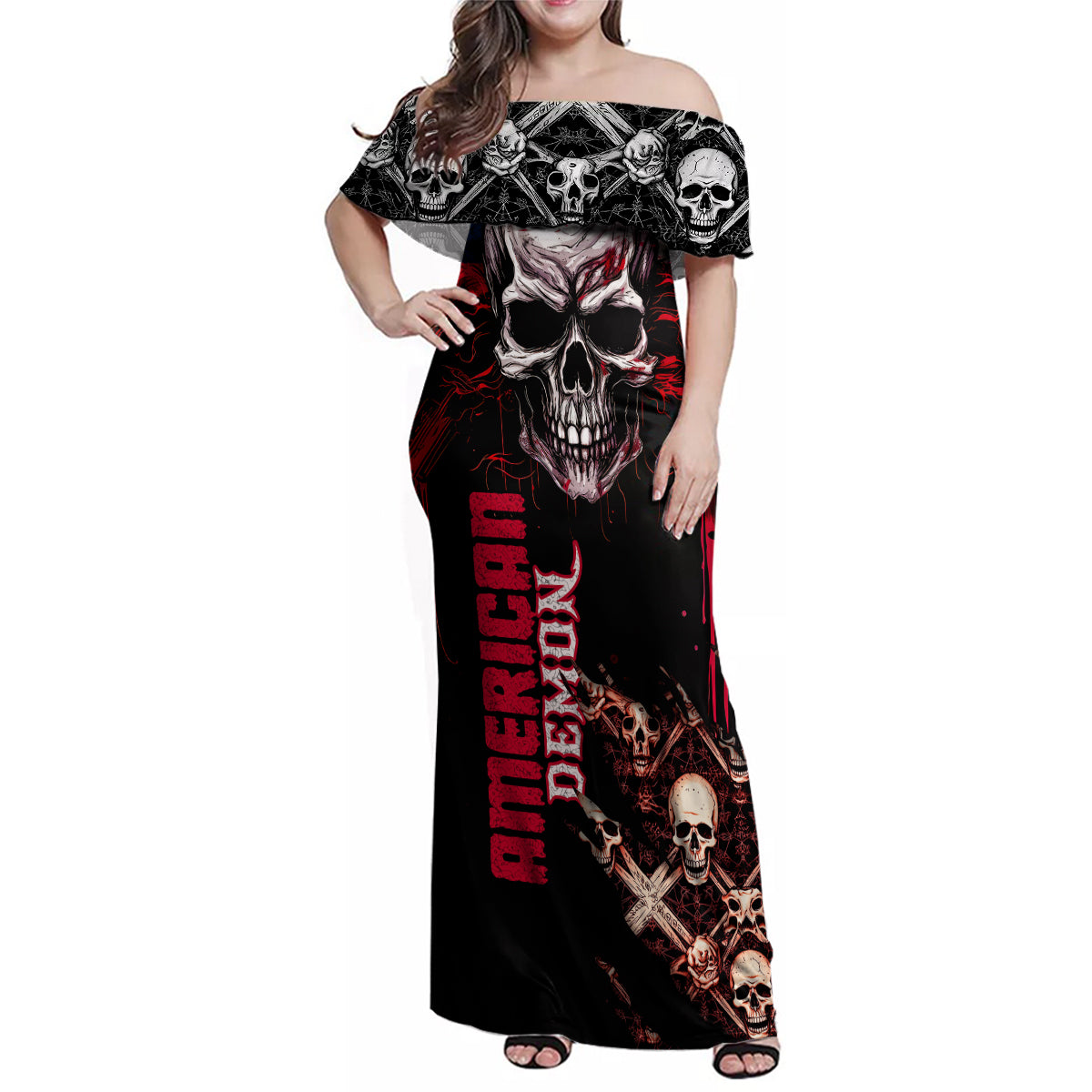 Skull Family Matching Off Shoulder Maxi Dress and Hawaiian Shirt American Demon - Wonder Print Shop