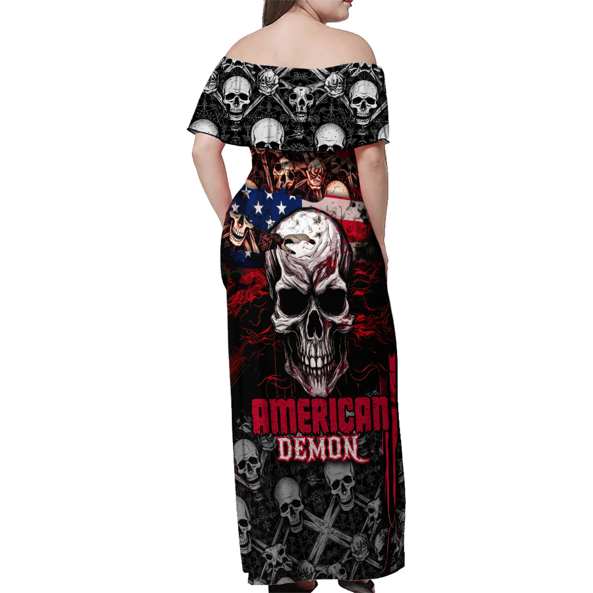 Skull Family Matching Off Shoulder Maxi Dress and Hawaiian Shirt American Demon - Wonder Print Shop