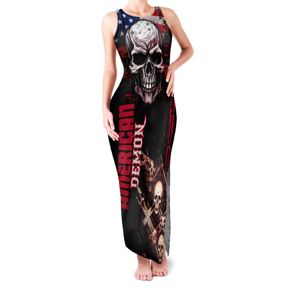 Skull Family Matching Tank Maxi Dress and Hawaiian Shirt American Demon - Wonder Print Shop
