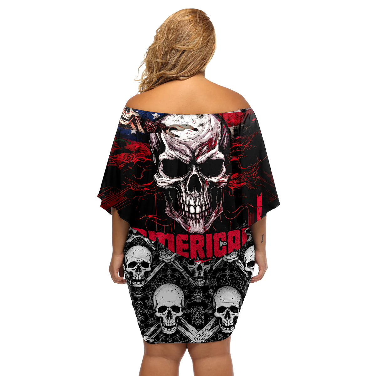 Skull Off Shoulder Short Dress American Demon - Wonder Print Shop