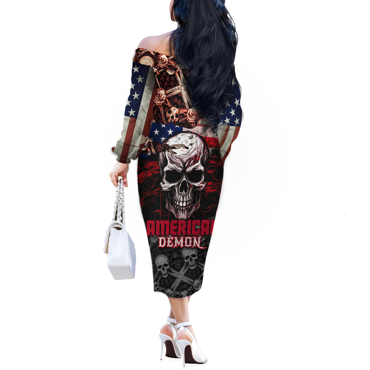Skull Off The Shoulder Long Sleeve Dress American Demon - Wonder Print Shop