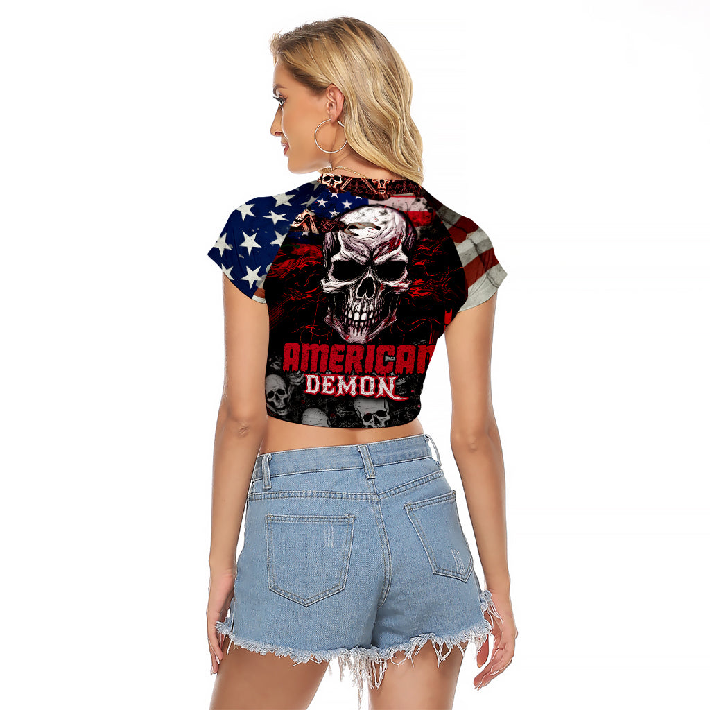 Skull Raglan Cropped T Shirt American Demon - Wonder Print Shop