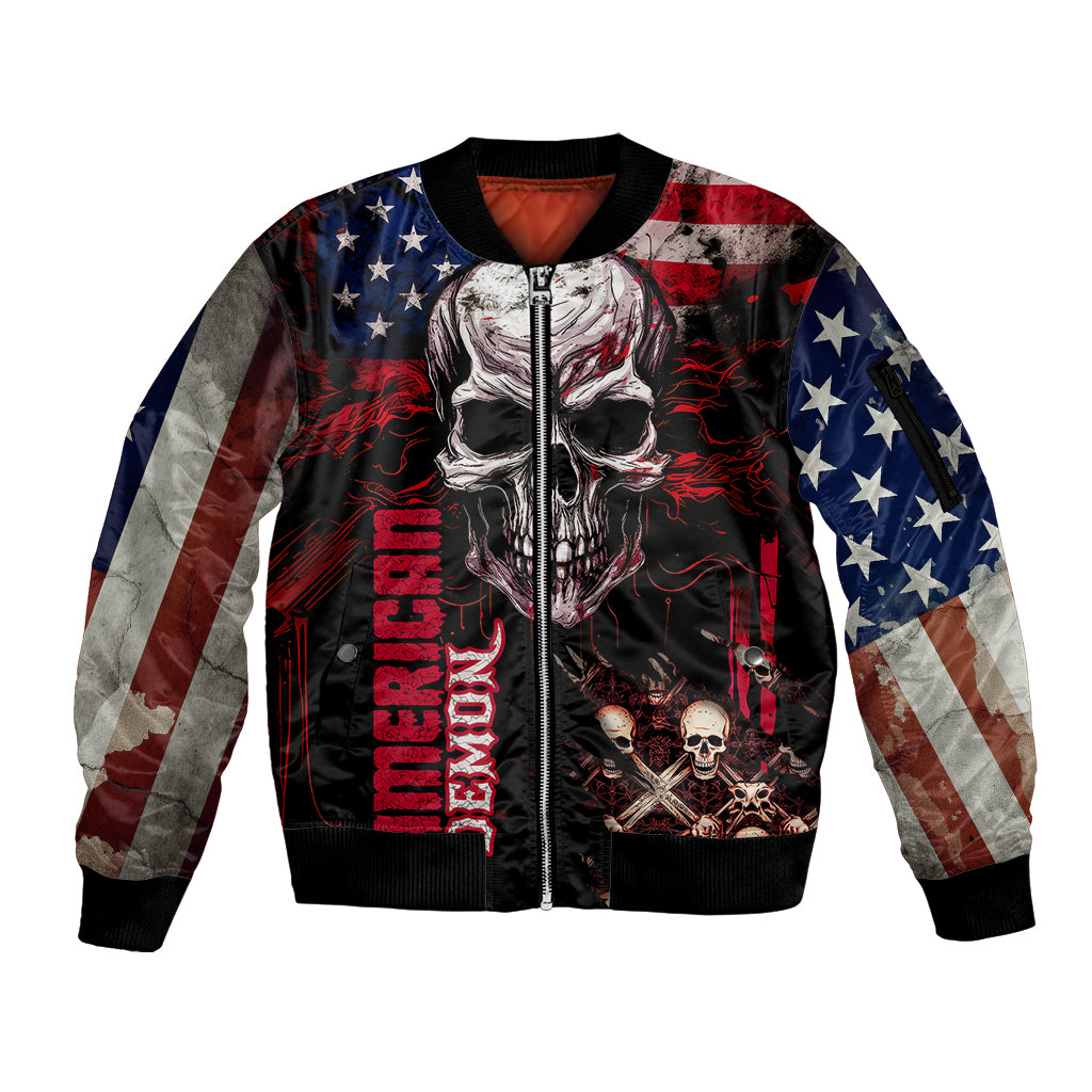 Skull Sleeve Zip Bomber Jacket American Demon - Wonder Print Shop