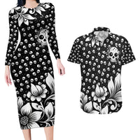 Skull Couples Matching Long Sleeve Bodycon Dress and Hawaiian Shirt Cute Skull Fun and Floral - Wonder Print Shop