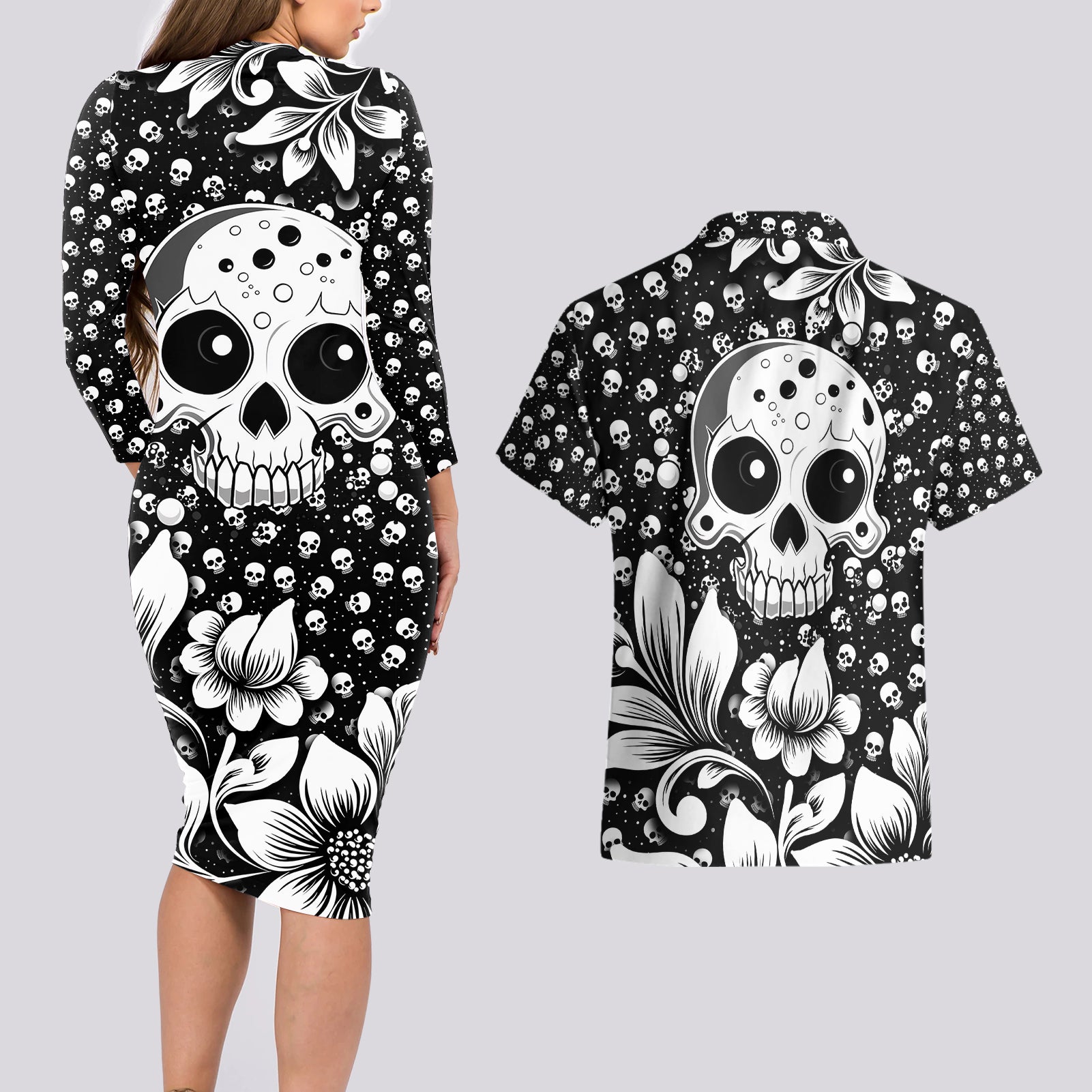 Skull Couples Matching Long Sleeve Bodycon Dress and Hawaiian Shirt Cute Skull Fun and Floral - Wonder Print Shop