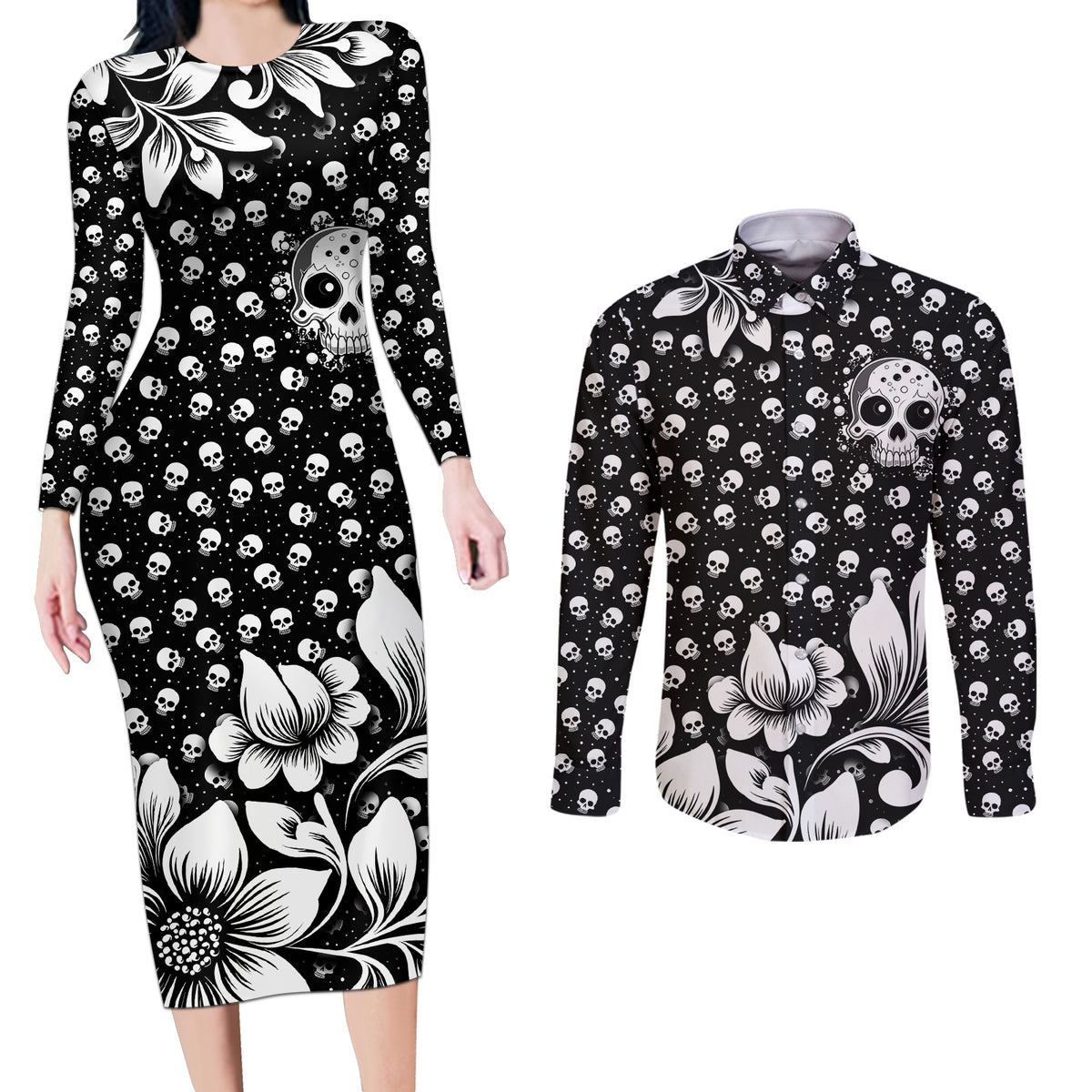 Skull Couples Matching Long Sleeve Bodycon Dress and Long Sleeve Button Shirts Cute Skull Fun and Floral - Wonder Print Shop