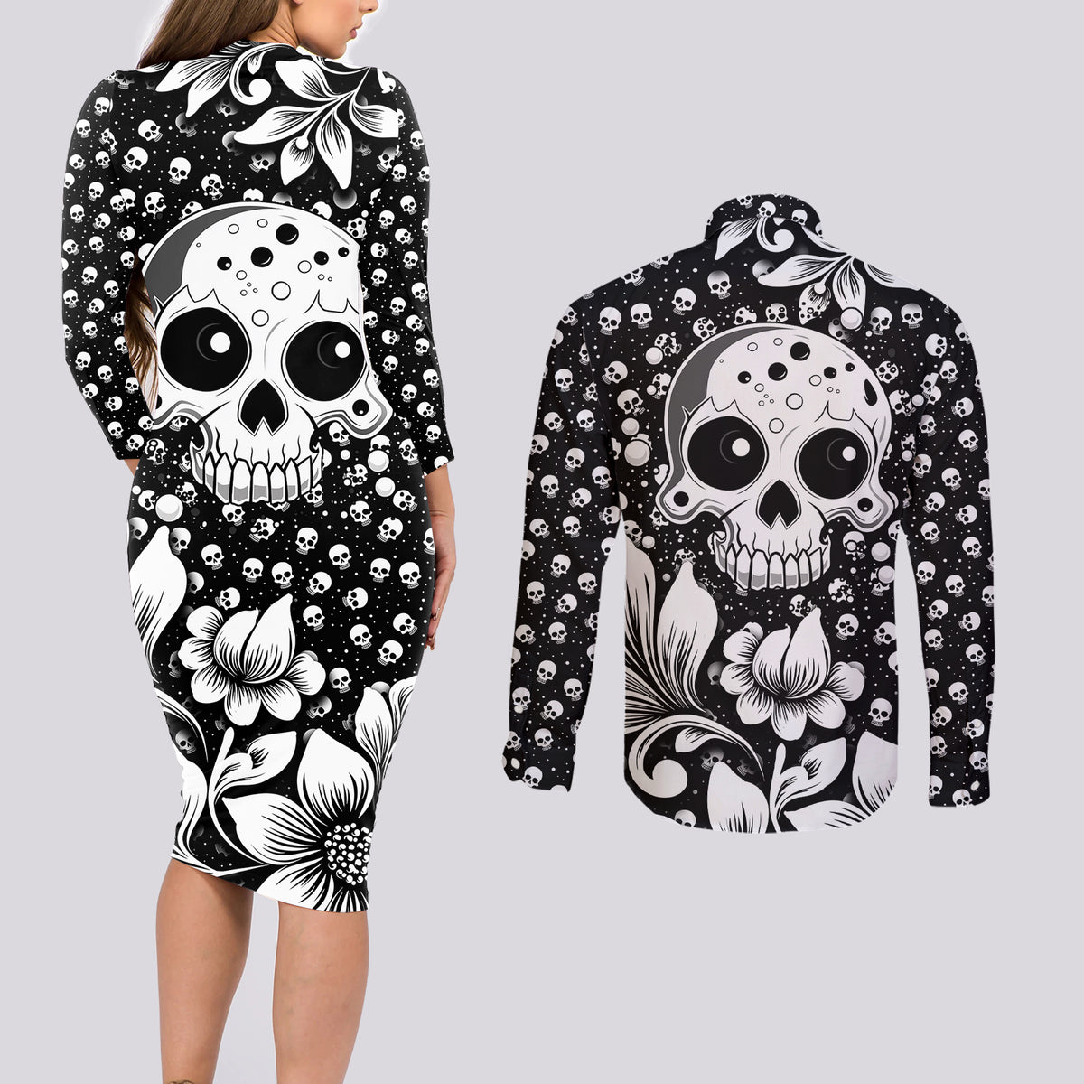 Skull Couples Matching Long Sleeve Bodycon Dress and Long Sleeve Button Shirts Cute Skull Fun and Floral - Wonder Print Shop