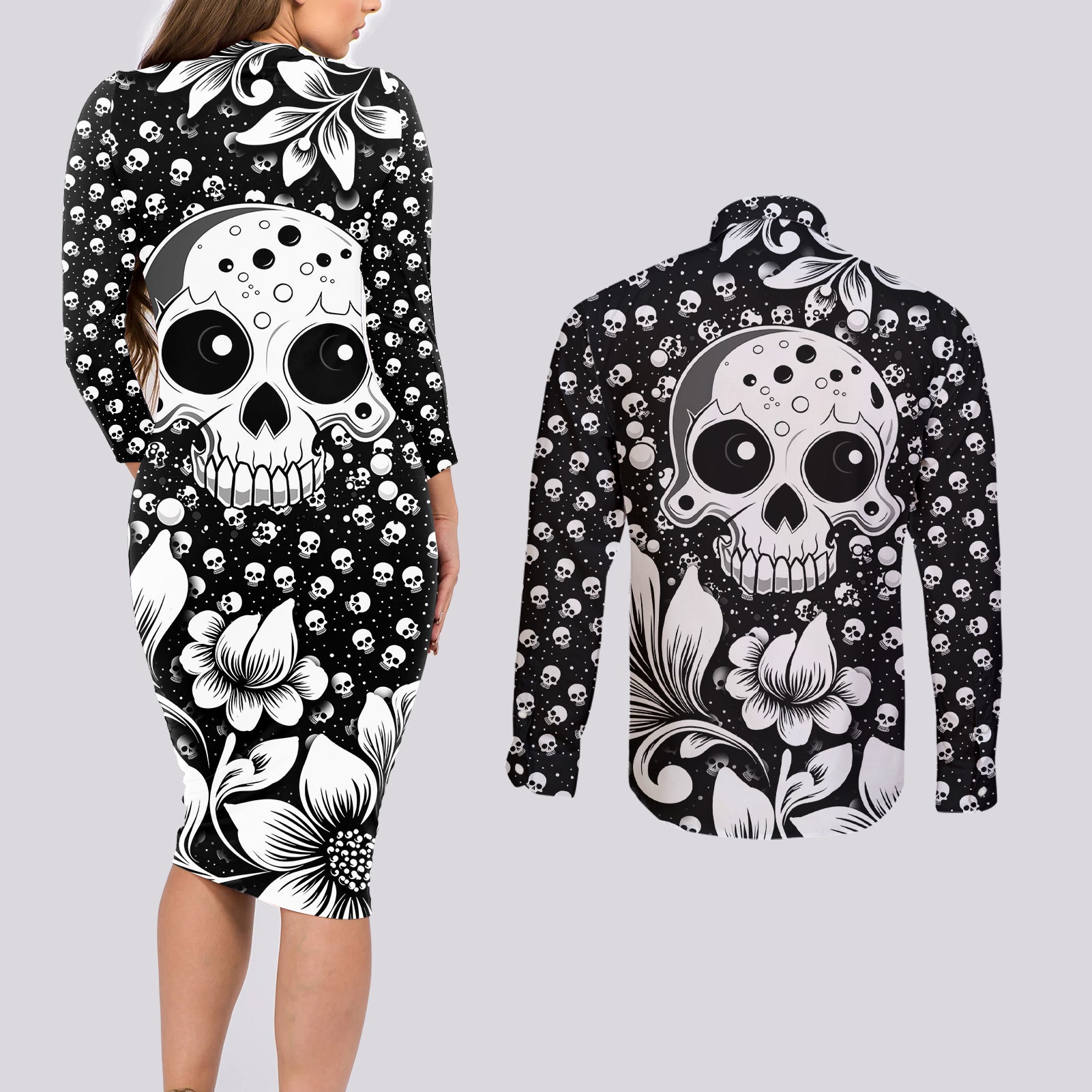 Skull Couples Matching Long Sleeve Bodycon Dress and Long Sleeve Button Shirts Cute Skull Fun and Floral - Wonder Print Shop